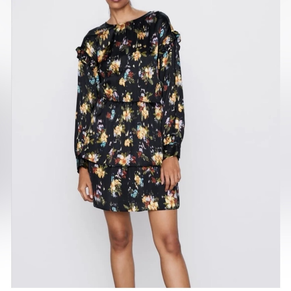 Zara Black Floral Ruffle Mini Long Sleeves Dress Size XS